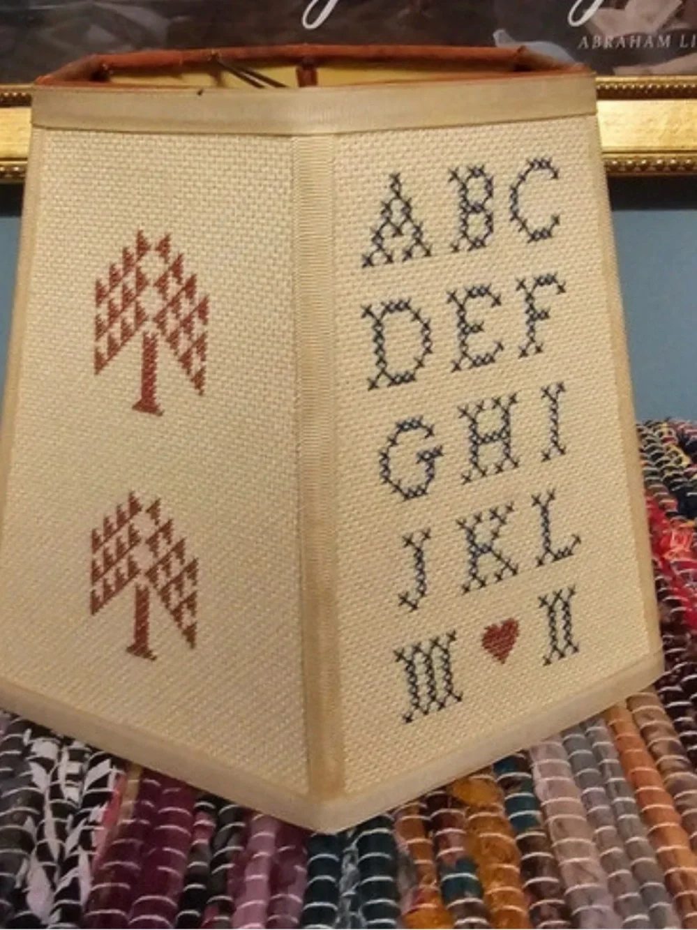 Amazing Vintage Folk Art Primitive Cross Stitch Sampler Lampshade 6-3/4